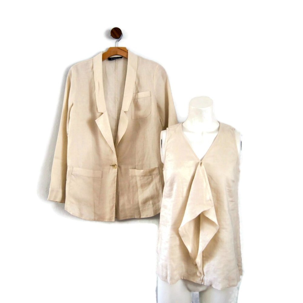 Magaschoni New York 2-Pc 100% Linen Blazer and Blouse Set